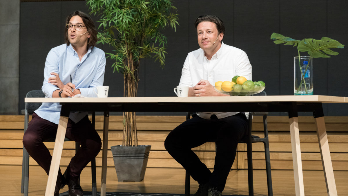 Jamie Oliver with EAT CEO Sandro Demaio at the 2018 Business for Peace Summit in Oslo