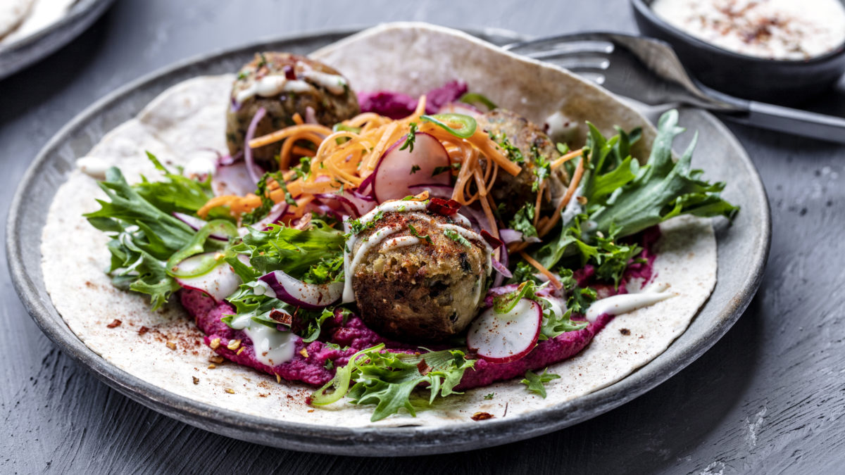 Falafel wrap with beetroot hummus align with the EAT-Lancet Planetary Health Diet