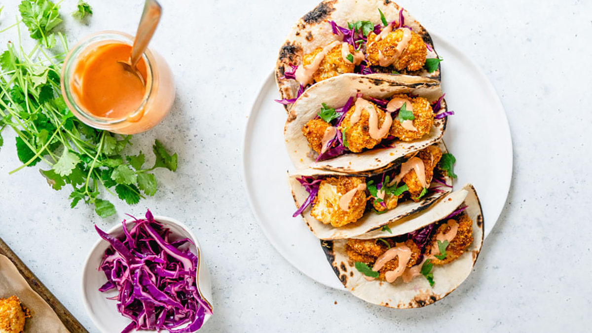 Tasty, cauliflower tacos with yum yum sauce