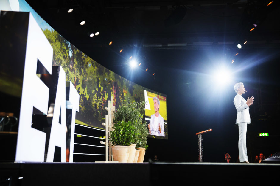Gunhild Stordalen on stage speaking at Stockholm Food Forum 2018