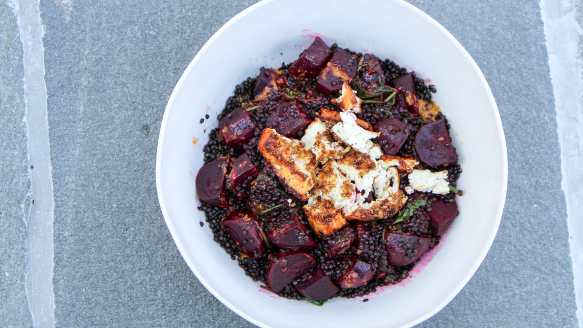 Beluga lentils with oven roasted beets in a dish