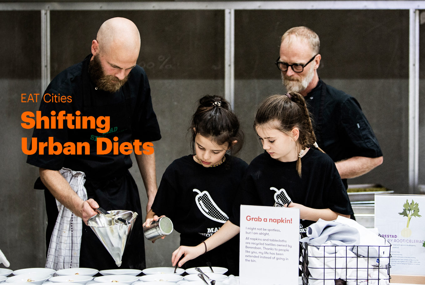 EAT Cities, Shifting Urban Diets Initiative. Chefs and children cooking food in a kitchen.