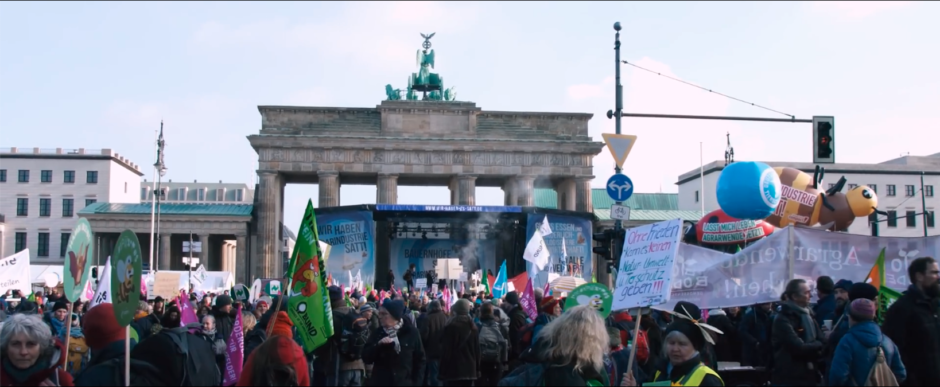 A still from the WEUNITE short film show the We Are Fed Up demonstration in Berlin.