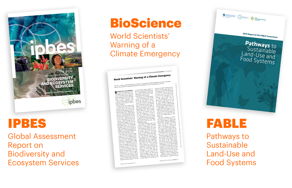 Report covers of IPBES, BioScience and Fable