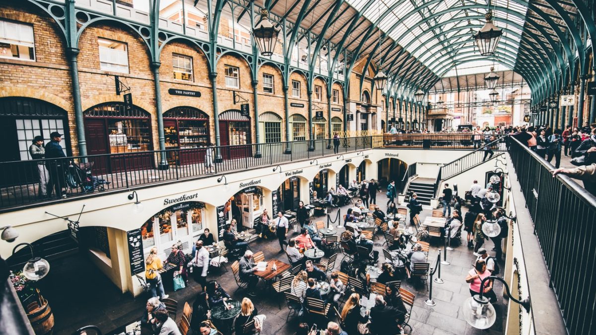 People eating in a public city space