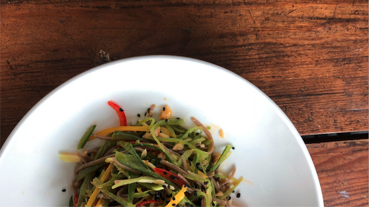 A fresh pea pod noodle salad