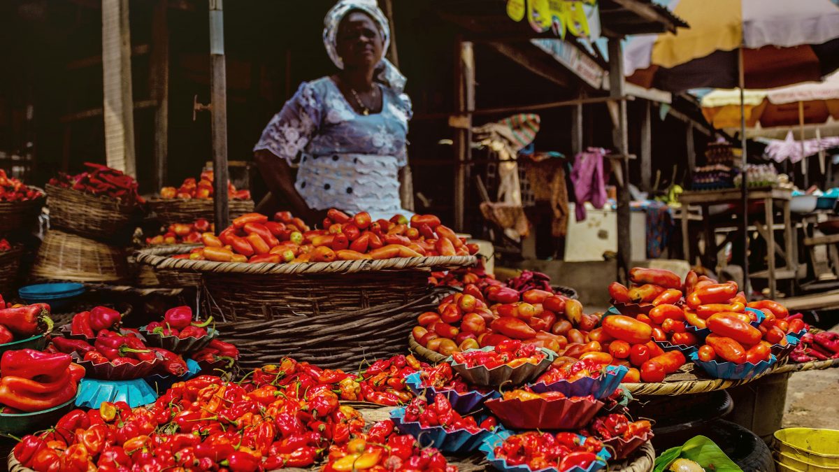 Woman selling pepper sits over her wares in a market. Abeokuta, Nigeria. Photo by: Omotayo Tajudeen